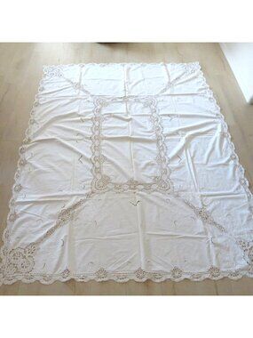 Vintage Battenburg Lace Tablecloth 64" X 80" Rectangular Beige Cotton Intricate